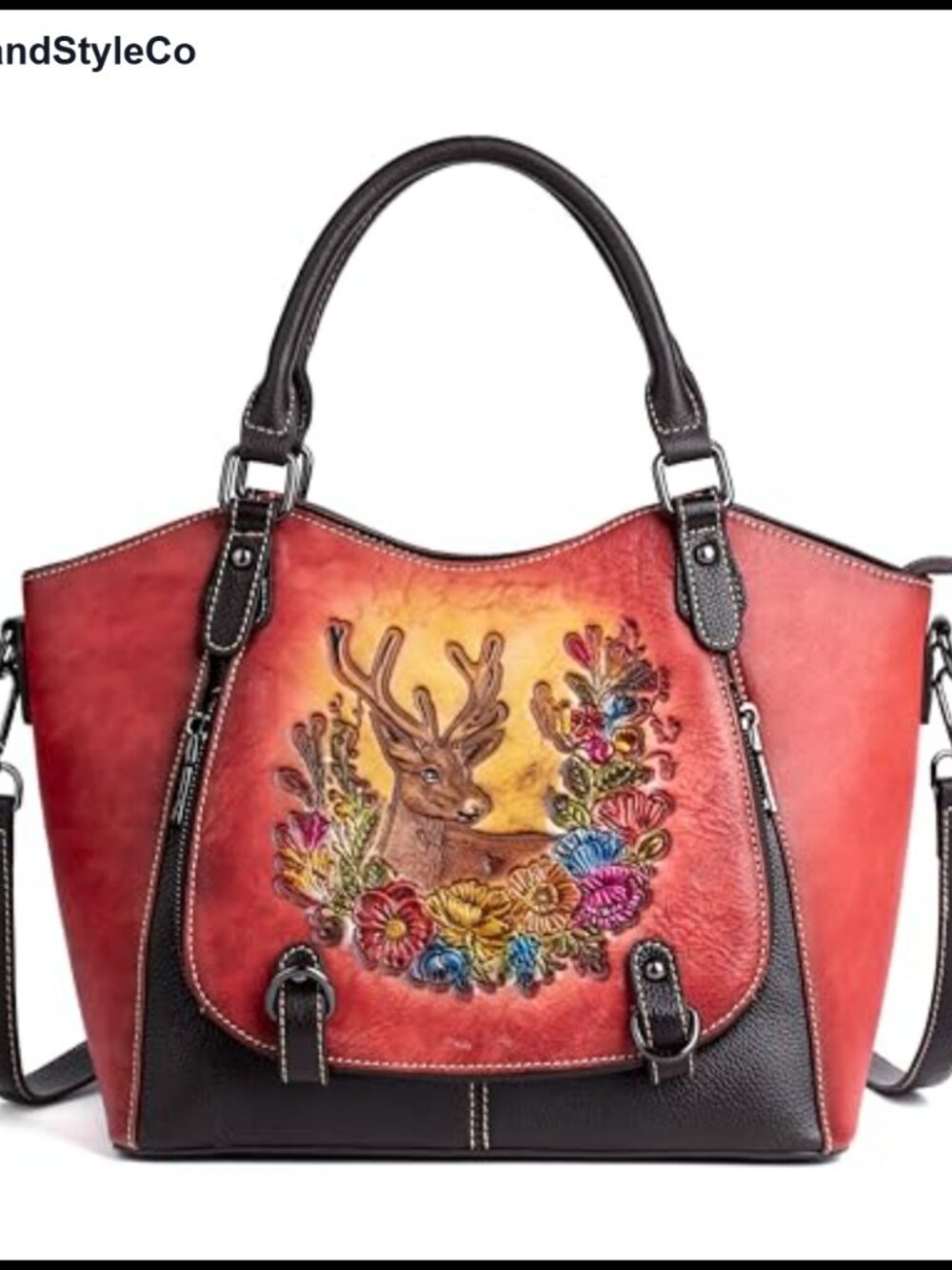 Genuine Leather Satchel Handbag Floral Deer Top Handle Crossbody Purse